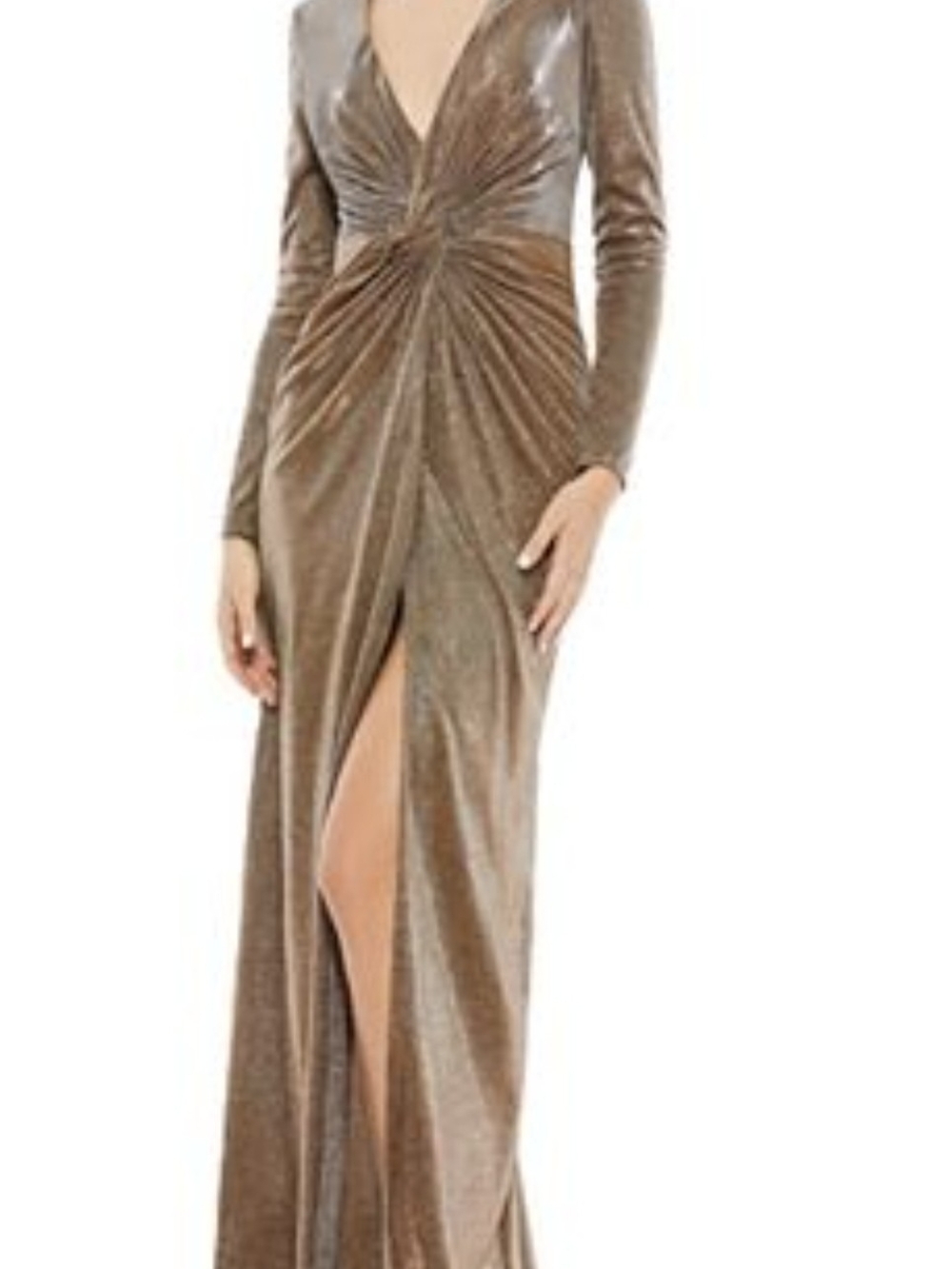 Mac Duggal Bronze Metallic Long-Sleeve Twist Front Gown